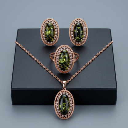 Schmuckset Grüner Bernstein Oval Roségold