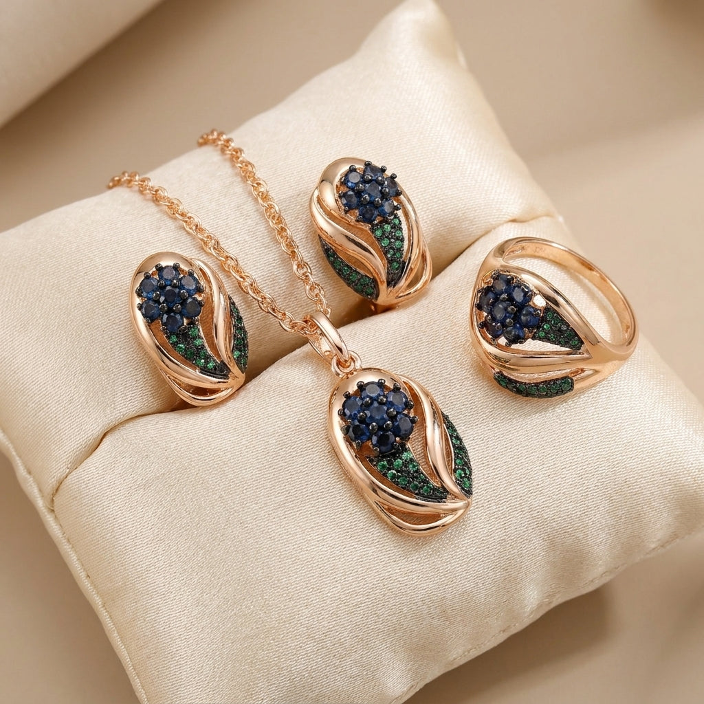 Schmuckset Roségold Zirkon Blau Grün Vintage Damen
