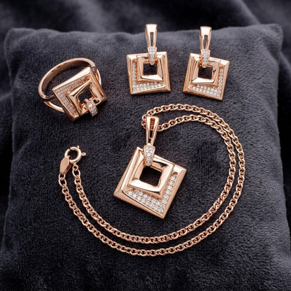 Rose Gold Schmuckset Hochzeit Zirkon Quadrat Ring Ohrringe