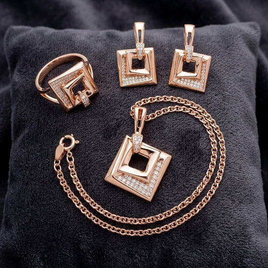 Rose Gold Schmuckset Hochzeit Zirkon Quadrat Ring Ohrringe