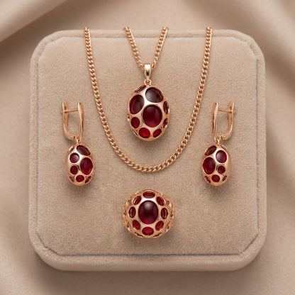Rotes Zirkon Schmuckset Damen Roségold 585 Ring Ohrringe