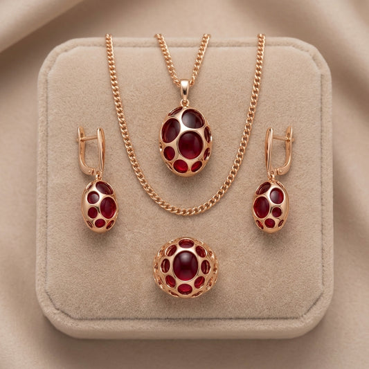 Rotes Zirkon Schmuckset Damen Roségold 585 Ring Ohrringe