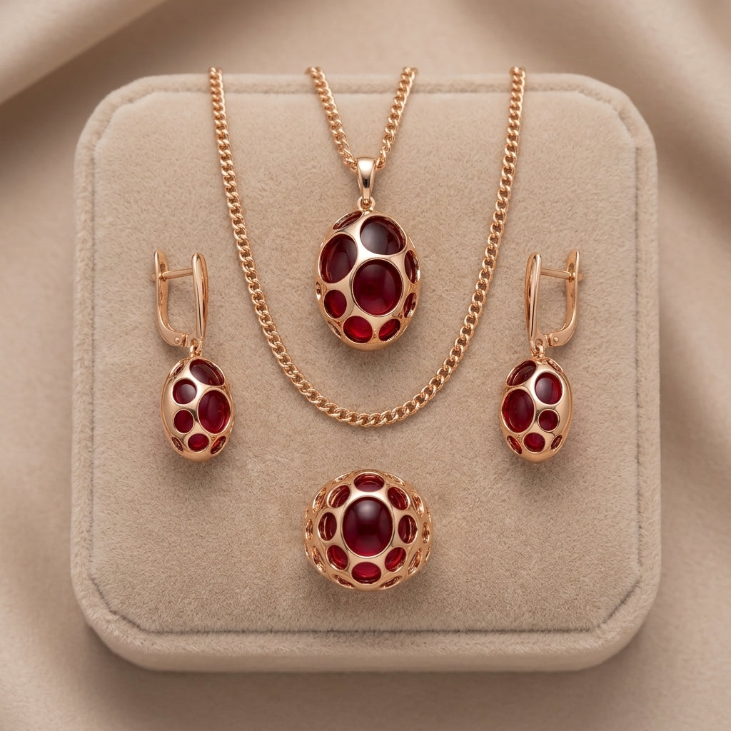 Rotes Zirkon Schmuckset Damen Roségold 585