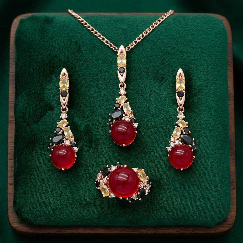 Schmuckset Roter Stein Zirkon Hochzeit Roségold – Ring & Kette
