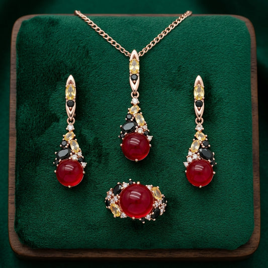 Schmuckset Roter Stein Zirkon Hochzeit Roségold – Ring & Kette