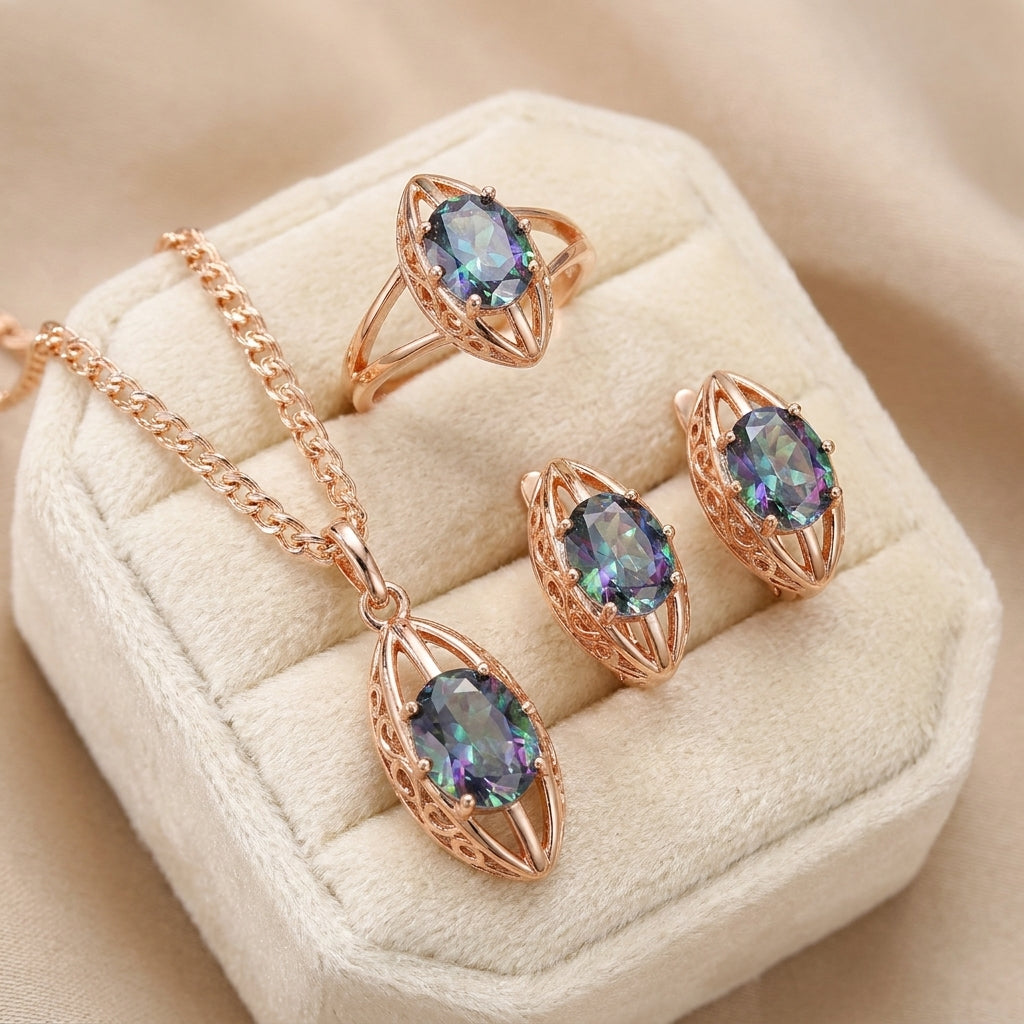 Rosegold Schmuckset 3tlg Zirkon Ohrringe Ring Halskette