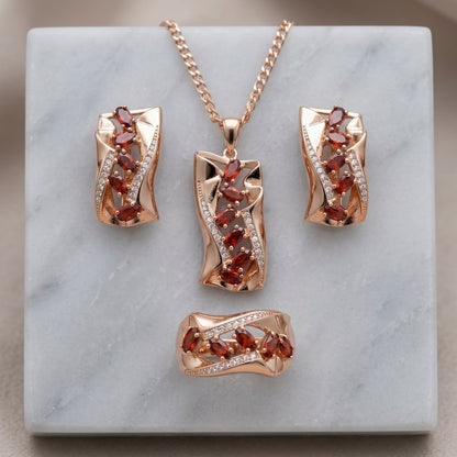 Roségold Schmuckset Zirkon DreiTeilig Ring Ohrringe Kette