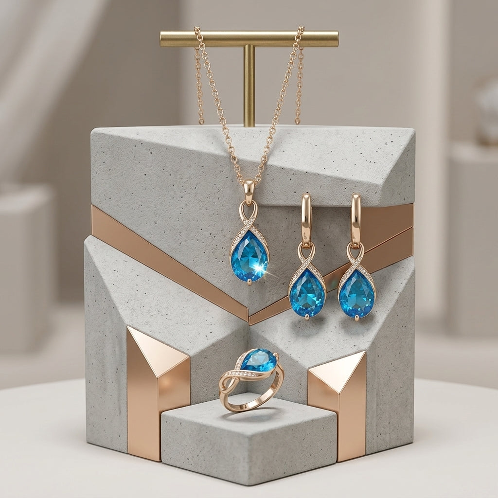Schmuckset Blau Zirkon Ring Ohrringe Halskette 585 Roségold Glänzend
