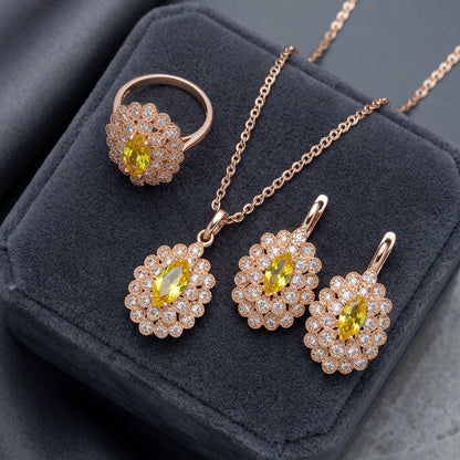 Rosegold Hochzeit Schmuckset Blume Gelbe Zirkonia Ring
