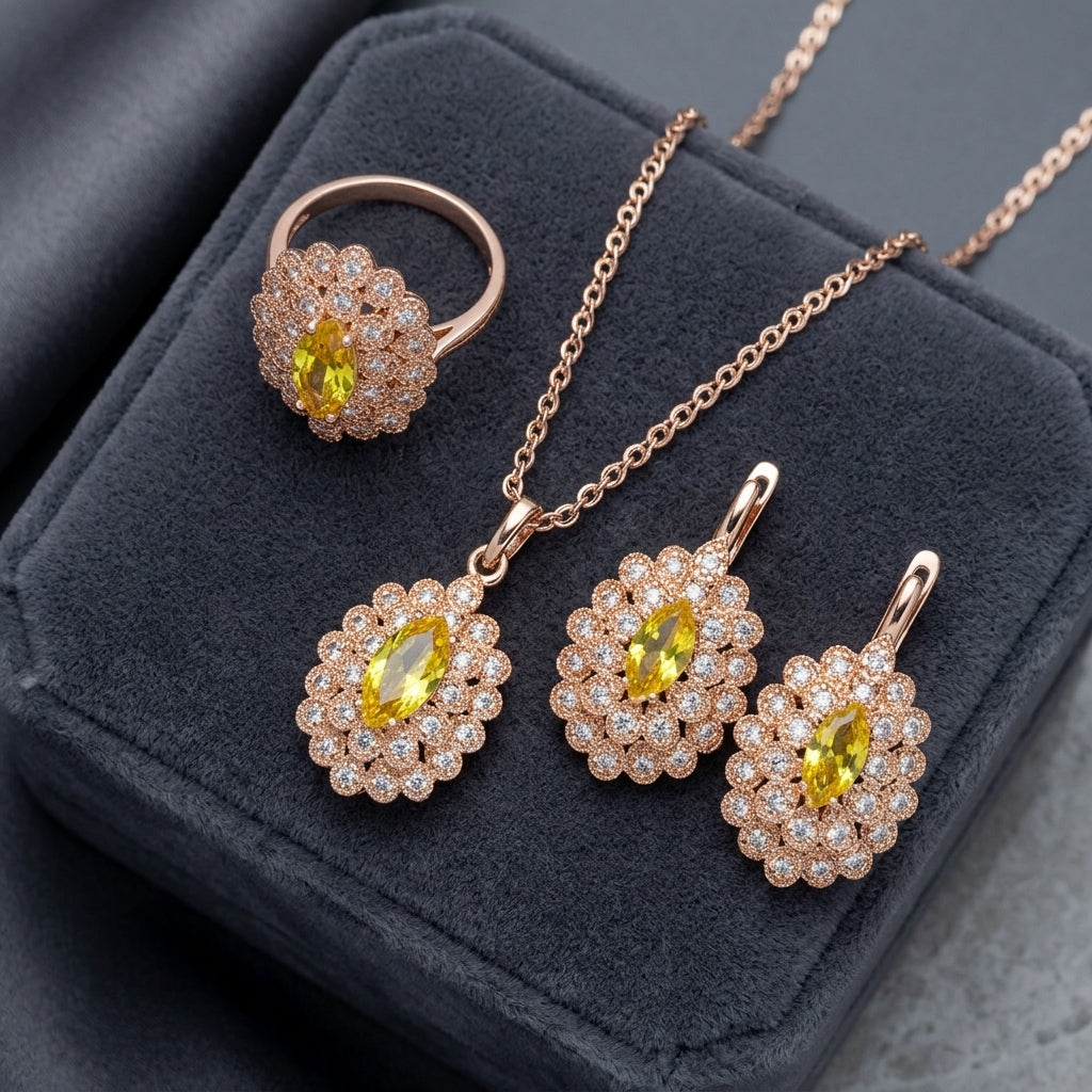 Roségold Hochzeit Schmuckset Gelbe Zirkonia Blume