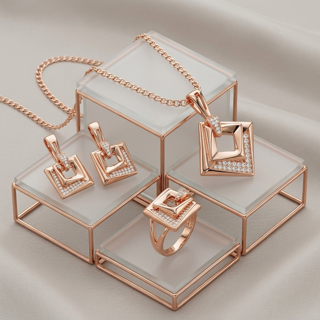 Rose Gold Schmuckset Hochzeit Zirkon Quadrat Ring Ohrringe