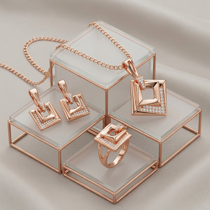 Rose Gold Schmuckset Hochzeit Zirkon Quadrat Ring Ohrringe