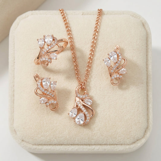 Schmuckset Ethno Hohlmuster Zirkon Braut Roségold – Ring & Kette