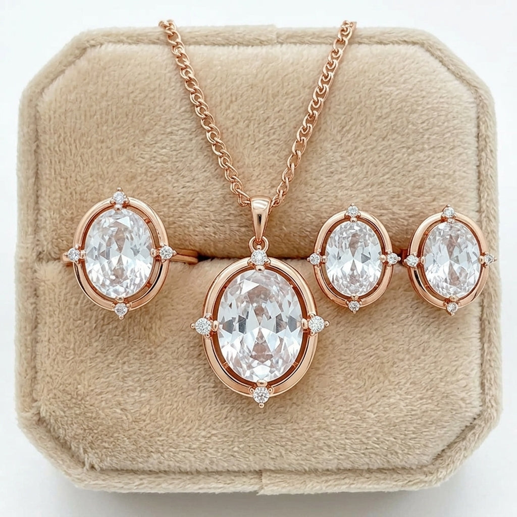 Schmuckset Ovaler Zirkon Alltagsschmuck Roségold – Ring & Kette