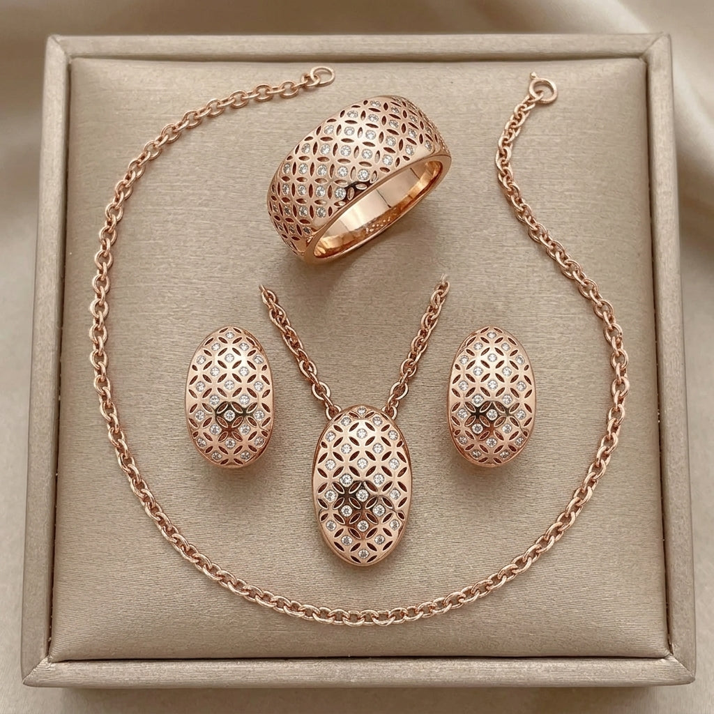 Parure Zircon Ethnique Brillant Or Rose 585 Mariée – Bague & Collier