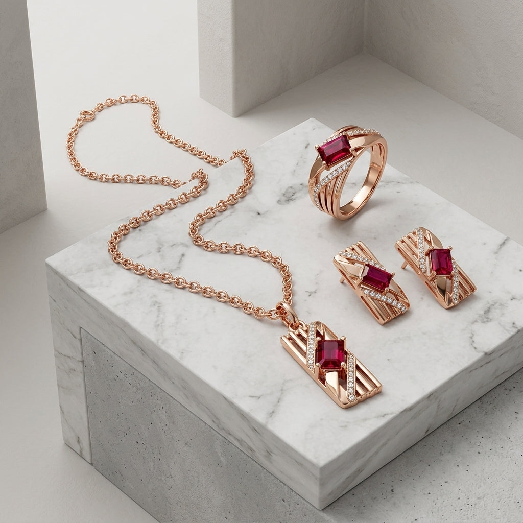 Schmuckset Roter Zirkon Alltagsschmuck Roségold – Ring & Kette