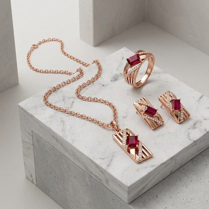 Schmuckset Roter Zirkon Alltagsschmuck Roségold – Ring & Kette