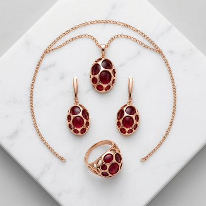 Rotes Zirkon Schmuckset Damen Roségold 585 Ring Ohrringe