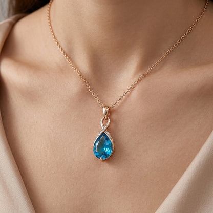 Schmuckset Blau Zirkon Ring Ohrringe Halskette 585 Roségold Glänzend