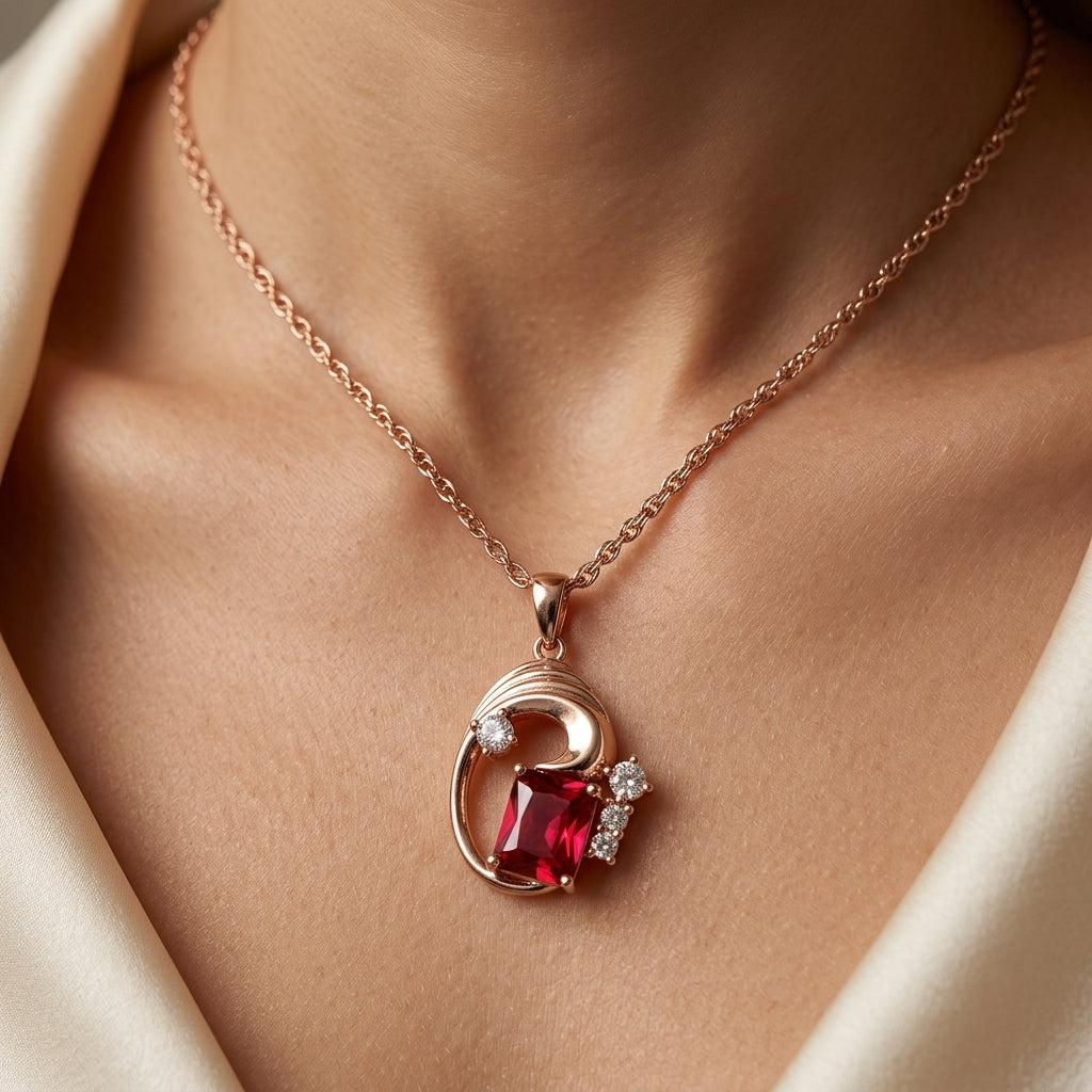 Schmuckset Roter Zirkon Quadrat Roségold – Ring, Ohrringe & Kette