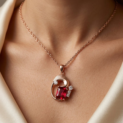 Schmuckset Roter Zirkon Quadrat Roségold – Ring, Ohrringe & Kette