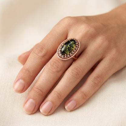 Schmuckset Grüner Bernstein Oval Roségold – Ring & Kette