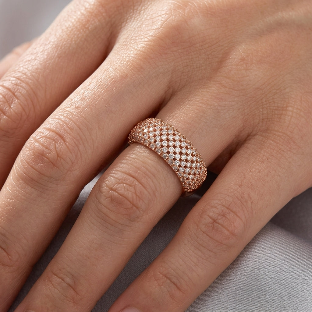Schmuckset 585 Roségold Ethnisches Brautschmuck Glänzender Zirkon Ring Ohrringe Halskette