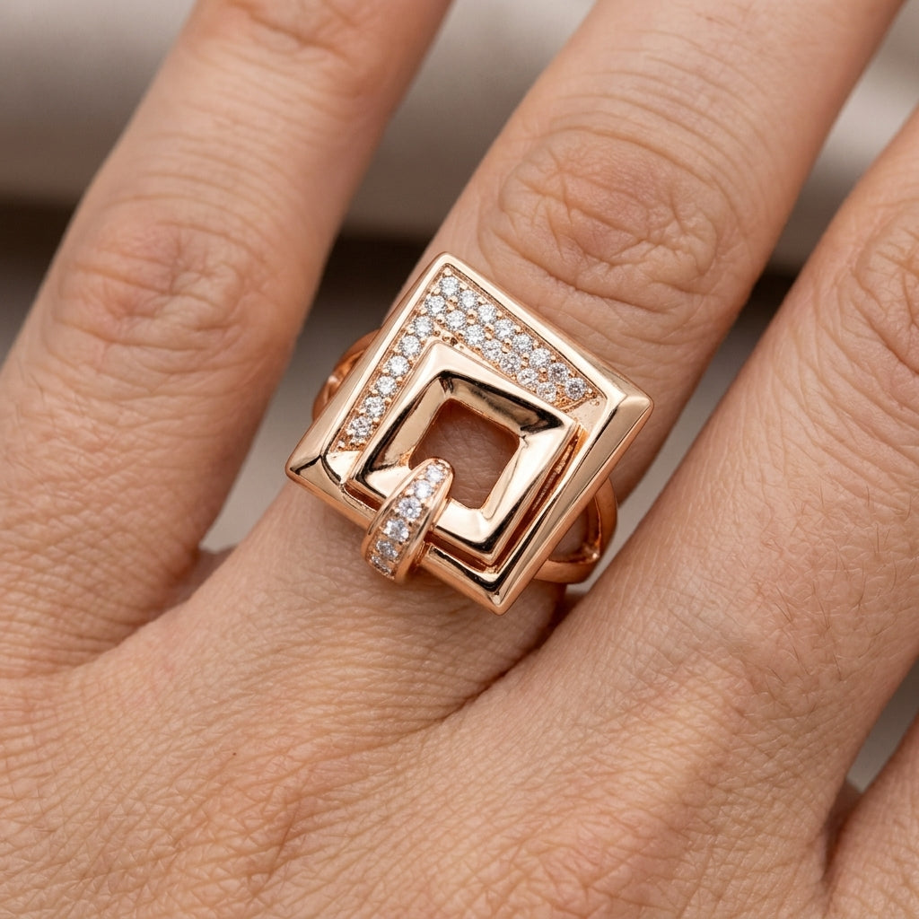 Rose Gold Schmuckset Hochzeit Zirkon Quadrat Ring Ohrringe