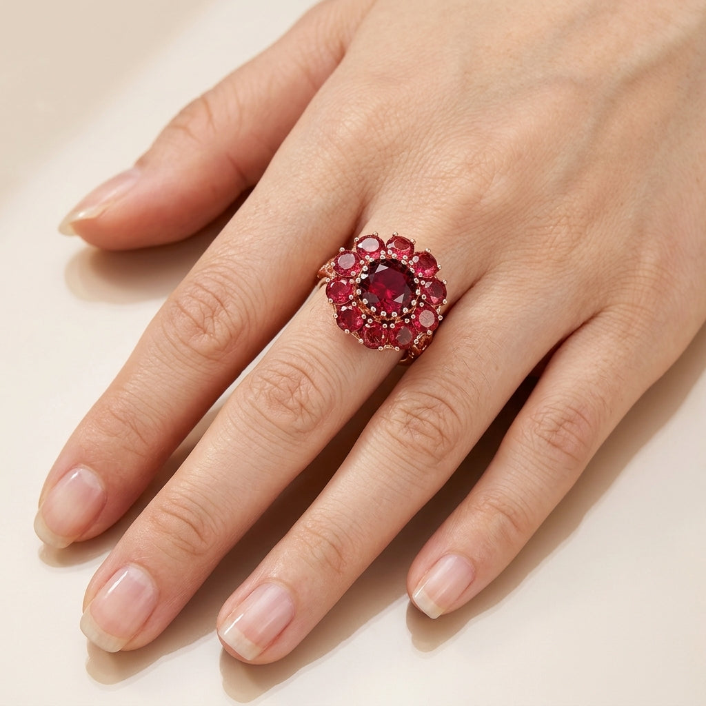 Schmuckset Runder Roter Zirkon Vintage Roségold – Ring & Kette