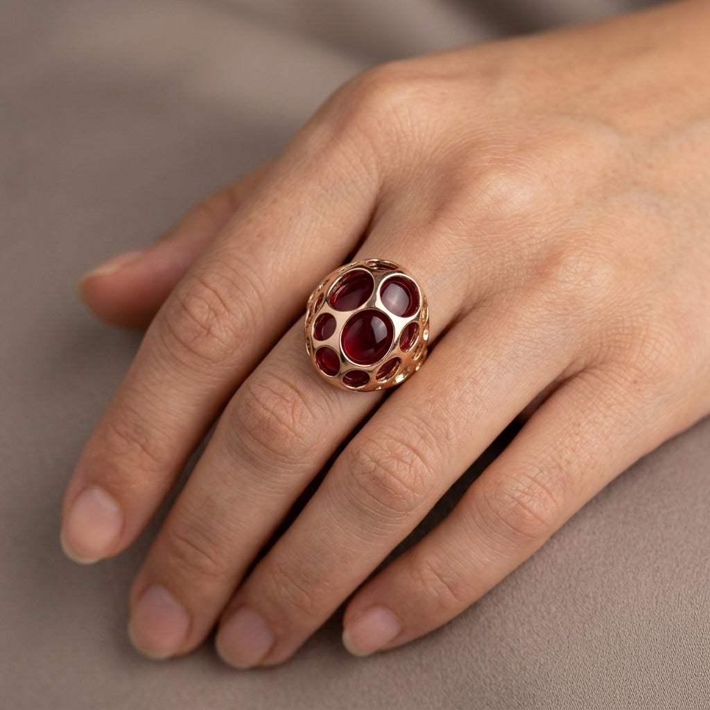 Rotes Zirkon Schmuckset Damen Roségold 585 Ring Ohrringe