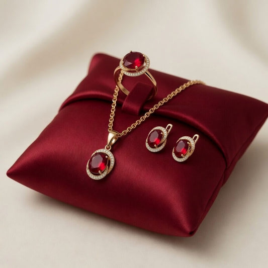 Rotes Zirkon Schmuckset Roségold Ring Ohrringe Halskette