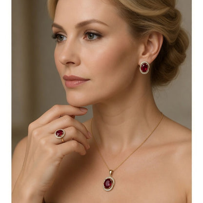 Rotes Zirkon Schmuckset Roségold Ring Ohrringe Halskette