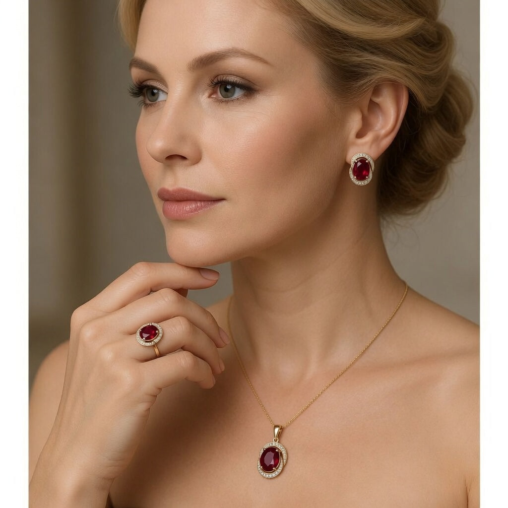 Rotes Zirkon Schmuckset Roségold Ring Ohrringe Halskette