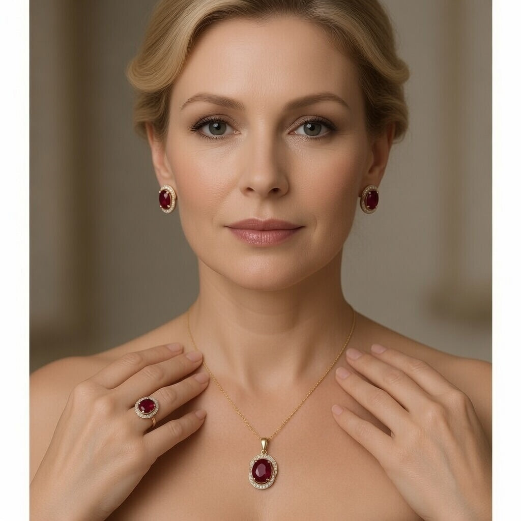 Rotes Zirkon Schmuckset Roségold Ring Ohrringe Halskette