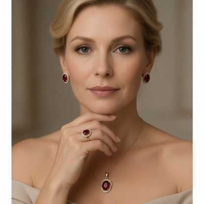 Rotes Zirkon Schmuckset Roségold Ring Ohrringe Halskette