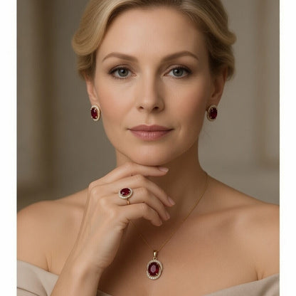 Rotes Zirkon Schmuckset Roségold Ring Ohrringe Halskette