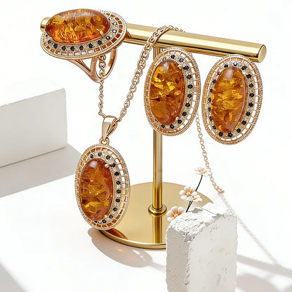 Schmuckset Ovaler Bernstein Ring Ohrringe Halskette Frauen 585 Roségold Zirkon Vintage