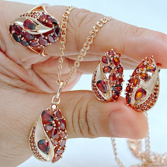 Schmuckset 585 Rose Gold 3-tlg Vintage Schmuck Rot Zirkon Ring Ohrringe Halskette Damen