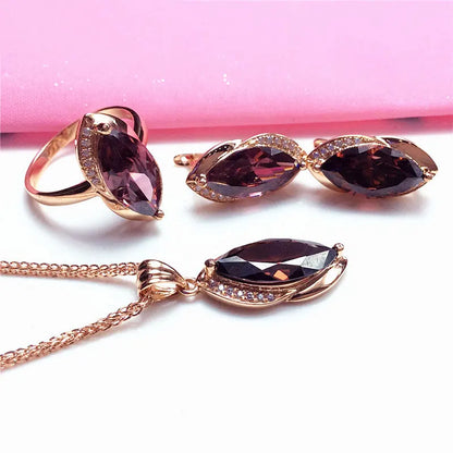 585 Lila Vergoldetes 14K Roségold Marquise Rubin Damen Schmuckset Luxus Hochzeit