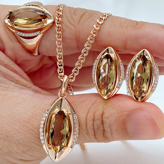Schmuckset Raute Brauner Natürlicher Zirkon Ring Ohrringe Halskette Frauen 585 Roségold
