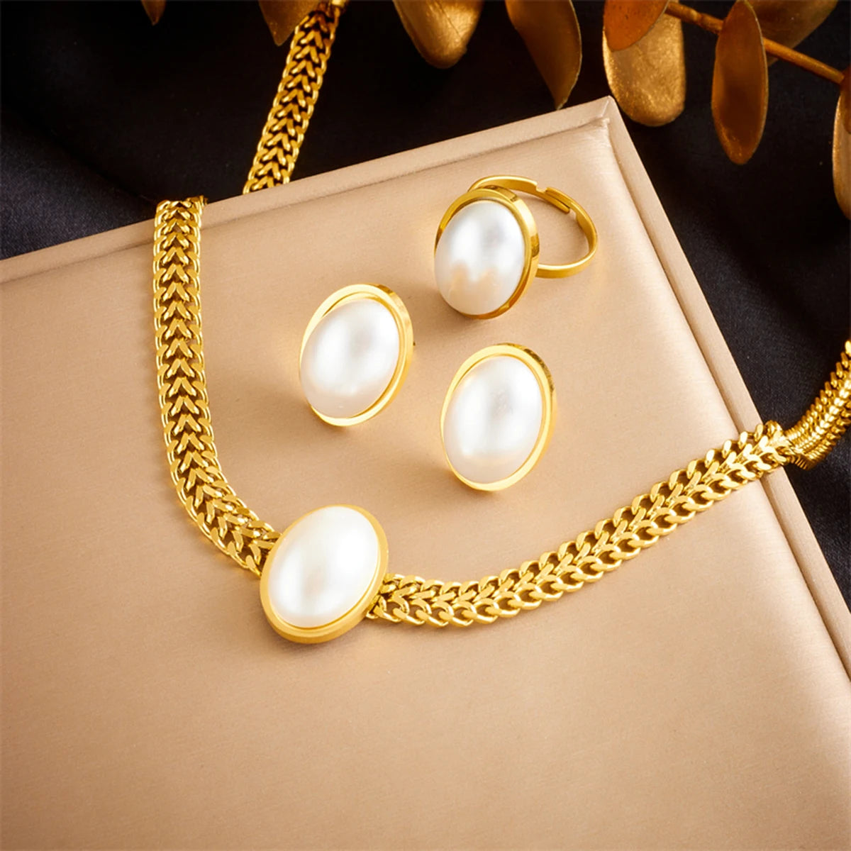 316L Edelstahl Quadrat Große Perle Halskette, Ohrringe, Ring Set für Eleganz
