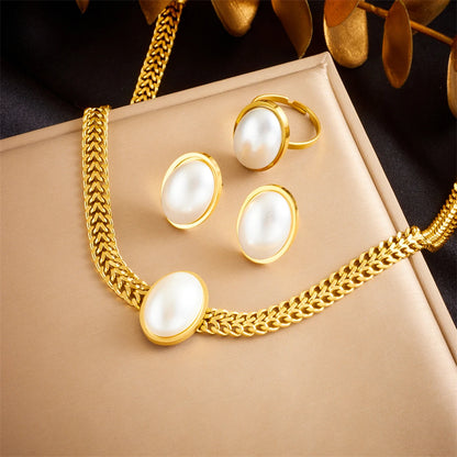 316L Edelstahl Quadrat Große Perle Halskette, Ohrringe, Ring Set für Eleganz