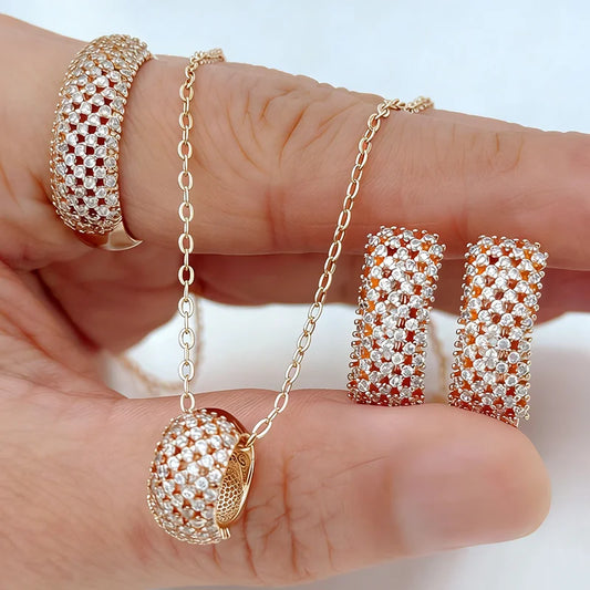 Schmuckset 585 Roségold Ethnisches Brautschmuck Glänzender Zirkon Ring Ohrringe Halskette