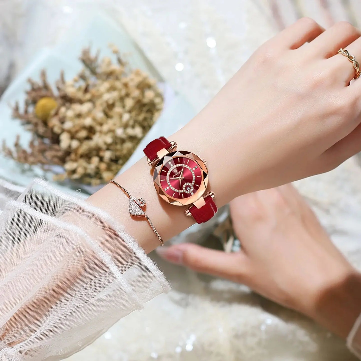 Luxus Damen Uhr - Wasserdichtes Quarz-Lederkleid mit Datum & Reloj Box