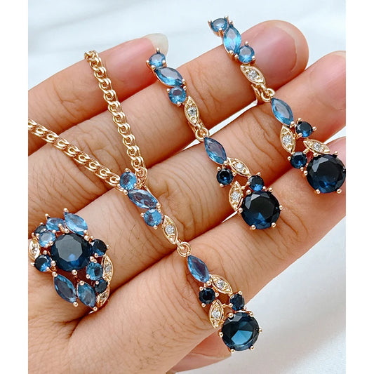 Schmuckset Glänzend Blaue Zirkon Schmuck Sets Damen 585 Rose Gold Ring Ohrringe Halskette