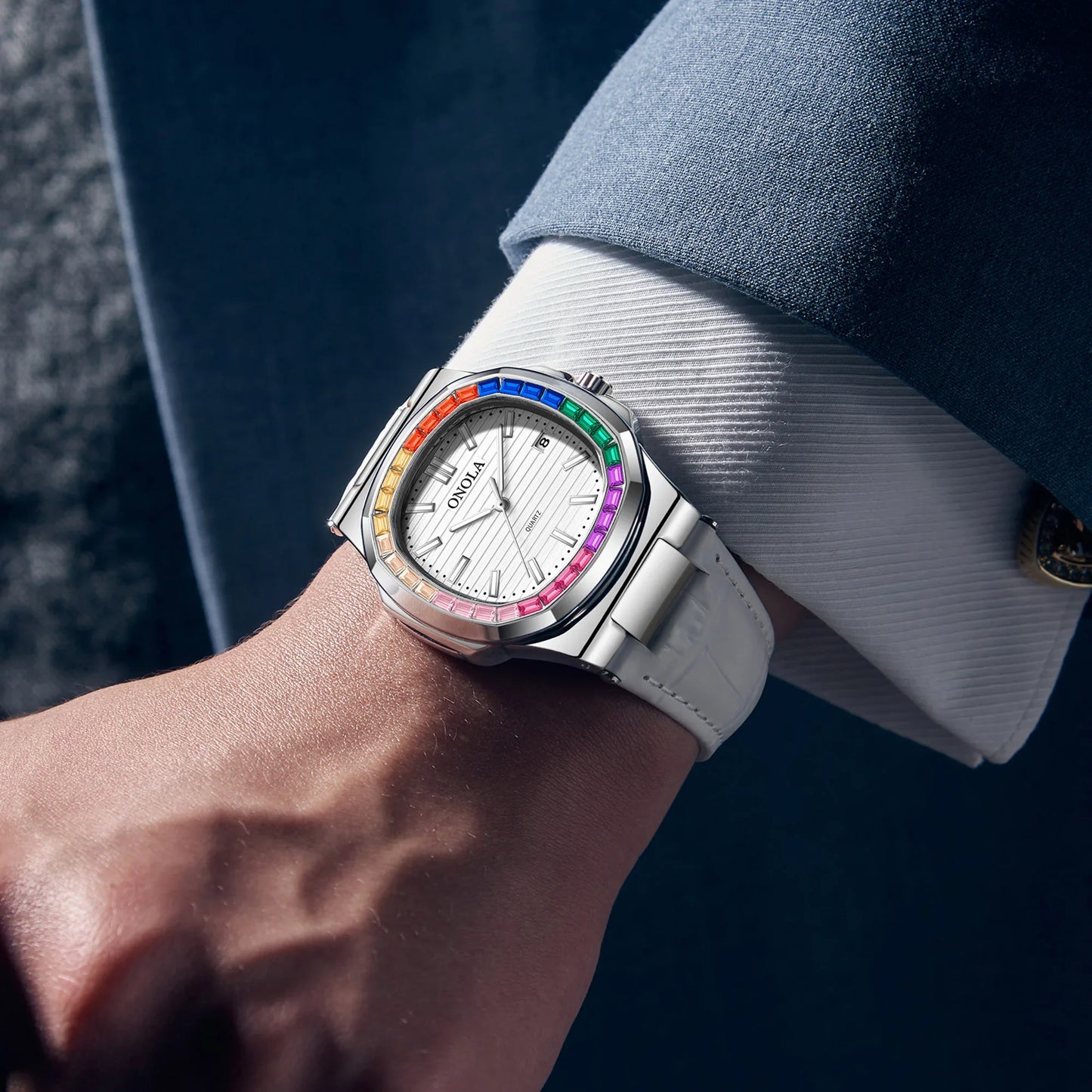 Echtleder Quarzuhr für Herren und Damen - Bunte Diamant-Uhr von Onola