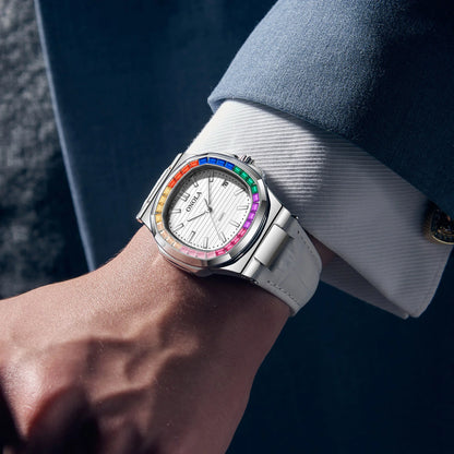 Echtleder Quarzuhr für Herren und Damen - Bunte Diamant-Uhr von Onola