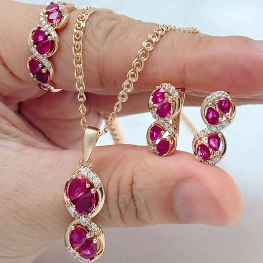 Schmuckset 585 Rose Gold 3-tlg Vintage Schmuck Rot Zirkon Ring Ohrringe Halskette Damen