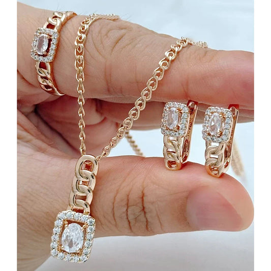 Schmuckset Weißer Natürlicher Zirkon Quadrat Ring Ohrringe Halskette Frauen 585 Roségold