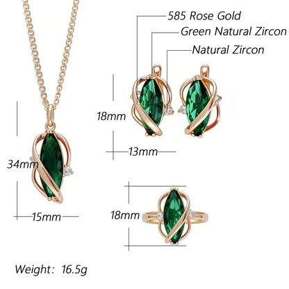 Schmuckset Grünes Natürliches Zirkon-Schmuckset Damen 585 Roségold Ring Ohrringe Halskette